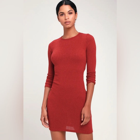 Put on Your Playlist Rust Red Long Sleeve Bodycon Dress - Picture 1 of 6
